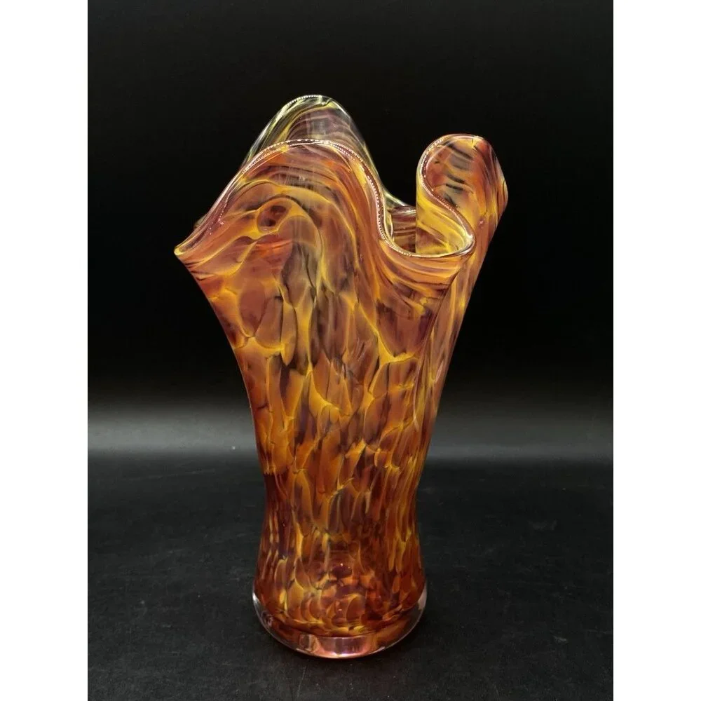2400 Fahrenheit Studio Art Glass Vase Abstract Orange Pink Yellow 7.5” Hawaii
